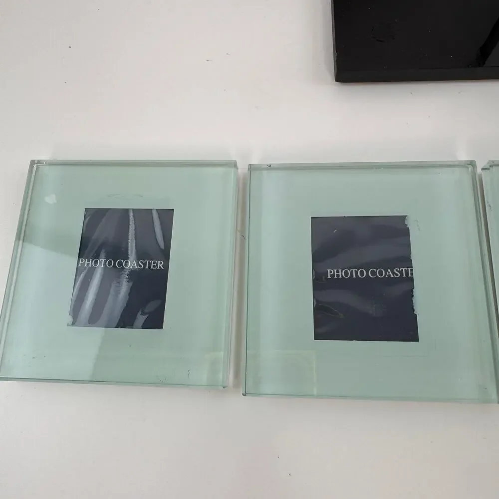Photo Frame Coasters Wood Holder Tempered Glass Square Home Decorative Set of 4